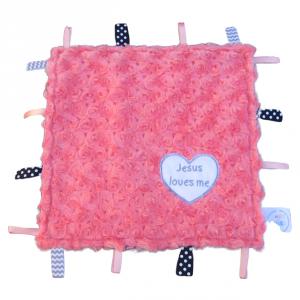 12" square sensory toy lovey with coral swirl minky, navy chevron minky, and Jesus loves me heart applique.  It has ribbon tags all around and crinkle inside.  Baby will love to play and cuddle with it!