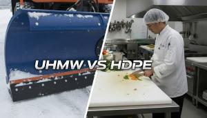 Application contrast: UHMW for high-wear snowplow edges; HDPE for durable, sanitary kitchen boards.