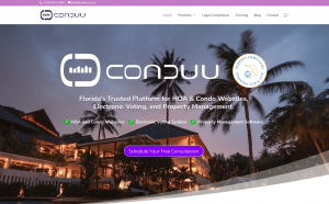 Redesigned CONDUU website highlighting core digital solutions for Florida HOAs and Condos: websites, electronic voting, and property management software.