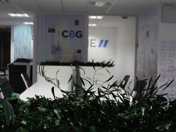 Image shows the Wolfestone office from the plants, looking ahead to a white desk with four chairs on