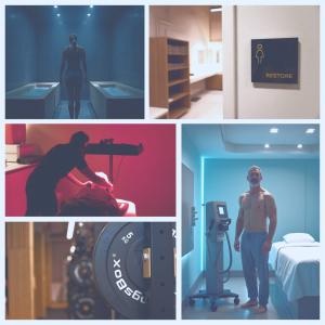 Bildcollage bei Active Longevity in St. Gallen mit Diagnostik, Kälteanwendung, Personal Training und Rotlichttherapie.