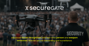 A drone hovers above a large crowd during an outdoor event, with a security officer in the foreground wearing a 'SECURITY' shirt. The SecureGate logo is displayed across the drone, along with the tagline: 'Advanced facial recognition with real-time person