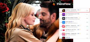 Image for FlareFlow showing a couple in a dramatic pose alongside app rankings, with FlareFlow in the #1 spot above Tubi, HBO Max, Prime Video, and Netflix.