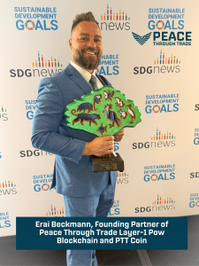 Erai Beckmann receiving recognition for Peace Through Trade Blockchain’s mission of World Peace Through Trade at the United Nations.