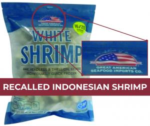 A package of white shrimp features an promeniant American flag logo for "Great American Seafood Imports Co"
