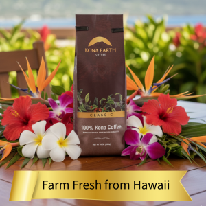 bag of Kona classic coffee with tropical flowers around it