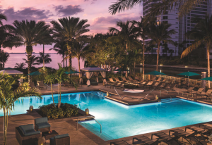 Aerial view of resort pool and lush landscaping with Gulf views