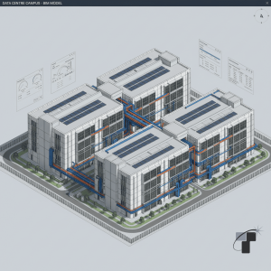 3D BIM model of a data center campus with multiple buildings and external utilities
