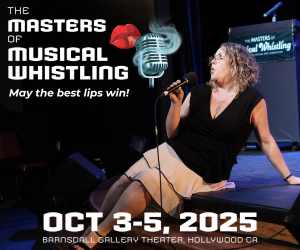 A whistling woman on stage with the Masters of Musical Whistling logo and information. May the best lips win!