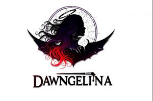 Dawngelina logo featuring a dark angel silhouette with flowing purple and red hair, a halo above the head, bat-like wings, and a spiderweb background. The word 'Dawngelina' is written below in bold gothic-style font with a sword forming the letter I and a