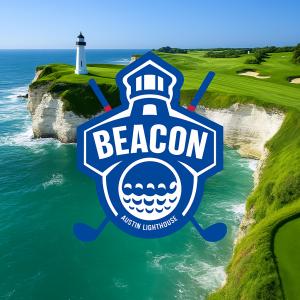 Logo for the Beacon Cup Golf Tournament by Austin Lighthouse, featuring a lighthouse and golf course set on ocean cliffs.