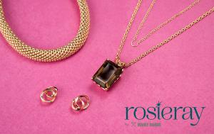 earrings, gemstone pendant necklace, and gold chain necklace from Rosie Ray