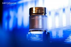 Close-up of the 64K Cellssense Supreme Diamond Rejuvenation Miracle Capsule on display at the Shanghai Gala, emphasizing Swiss-rooted delivery technology.