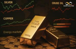 Two 1 kg gold bars on coins in front of charts for silver, copper, and crude oil, with the BLOOH Solution logo