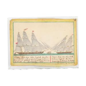 Marine watercolor painted in 1859 in Nanticoke, Ontario, (near Port Dover) by Capt. Alexander McNeilledge (1791-1874). Artist inscribed verso in ink. Estimate: $12,000-$15,000 (Canadian).