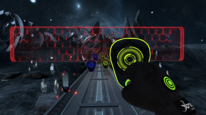 Gameplay screenshot of Tae Bo Reboot in VR, showing a player punching targets while dodging obstacles in an immersive fitness workout.