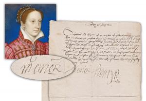 Document signed by Mary Stuart, Queen of Scots, and co-signed by her husband, the English nobleman Henry Stuart, Lord Darnley, on October 9, 1565, regarding a Scottish castle. Estimate: $15,000-$20,000.