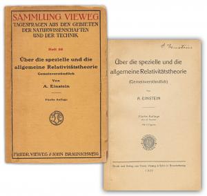 1920 issue of a German scientific journal, signed by Albert Einstein on the front cover, published by the Vieweg Collection and containing Einstein’s article on the general theory of relativity. Estimate: $10,000-$15,000.