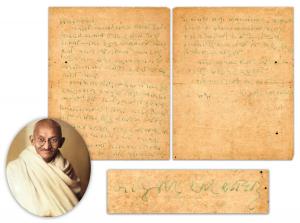 Two-page autograph letter written in the Indo-Aryan language Gujarati and signed by Mohandas (Mahatma) Gandhi (as “Bapu’s Blessings”), dated July 24, 1934, with great content. Estimate: $15,000-$20,000.