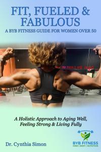 Book cover of “Fit, Fueled & Fabulous” by Cynthia Simon, showing a woman exercising outdoors with a sunset background.