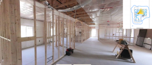 A 3D image inside a home under construction. The blueprint on top right corner shows where the camera operator tracked the camera inside the building.