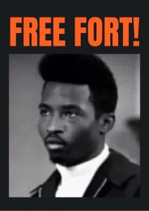 Vintage picture of Jeff Fort, young Black man with short afro, bold caption above states 'Free Fort.'