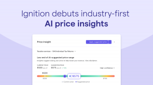 Screen shot of Ignition Price Insights, showing AI-suggested price within a range compared to current price. Highlight text reads, "Ignition debuts industry-first AI price insights"