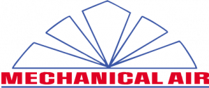 Mechanical Air company logo featuring a bold red wordmark with a blue fan-like design, representing professional HVAC services in Fresno, California.
