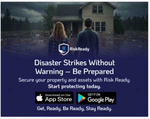 Flooded street and damaged homes after hurricane with bold warning text: “Disaster Strikes Without Warning…Be Prepared!”