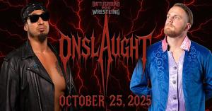 Promotional poster for ONSLAUGHT: Night of Live Pro Wrestling, a Halloween fundraiser in Colorado supporting Veterans, presented by Battleground Pro Wrestling and Military Broadcast Radio.