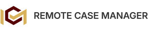 Remote Case Manager logo featuring bold letters “RCM” in maroon and gold, followed by the words “REMOTE CASE MANAGER” in black capital letters