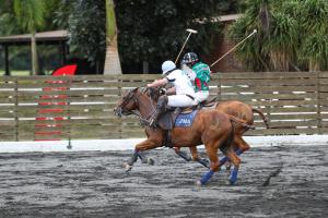 Two male polo players shoulder for a shot on the ball on horseback during polo game