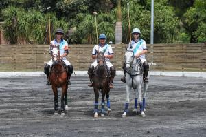 three male polo players face camera on horseback