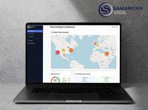 Samaritan Vigil mockup displaying the intelligence platform dashboard on a laptop computer