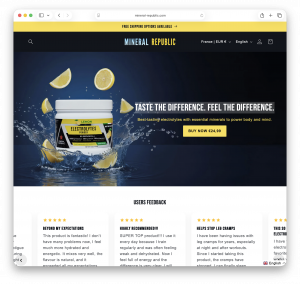 A screenshot of the home page of Mineral Republic's new website with a large image of their Lemon electrolyte powder mix