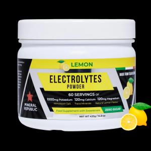 A product photo of a 420 gram pot of electrolytes powder from Mineral Republic