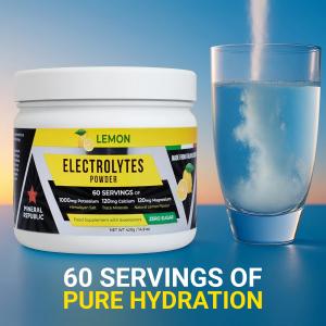 a pot of 420g of Mineral Republic Lemon electrolytes and a glass of water with dissolving electrolytes