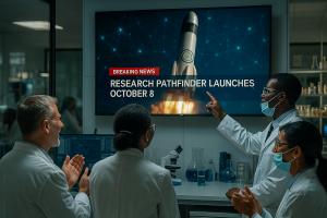 group of scientists in a lab watching a breaking news broadcast announcing the October 8 launch of Research Pathfinder.