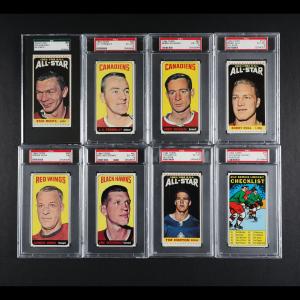 Complete set of 110 1964-1965 Topps “Tall Boys” hockey cards, so-named for the cards’ large size (each one is about 4 ¾ inches by 2 ½ inches), graded well at PSA Excellent+ (CA$15,340).