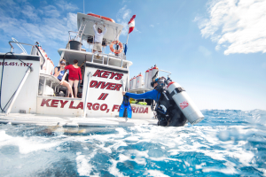 A diver returns to a charter boat after a restoration dive