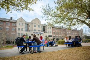 Students gather and talk outside the South Carolina Governor’s School for Science & Mathematics campus building in Hartsville, South Carolina.