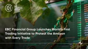 A trading screen overlaid with jungle vines and leaves, symbolising EBC Financial Group’s campaign to support Amazon rainforest conservation through trading activity. - EBC