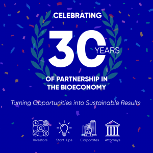 LEC Partners 30th Anniversary graphic celebrating 30 years of global bioeconomy consulting, with 160 experts guiding $5B in projects worldwide.