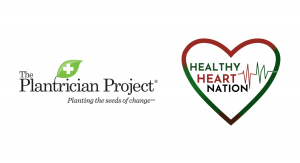 Logos for The Plantrician Project in green and Healthy Heart Nation in red, green, and black.