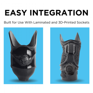 Graphic highlighting the compatibility of the Sidewinder Dial System with laminated prosthetic sockets and digitally fabricated 3D printed sockets.