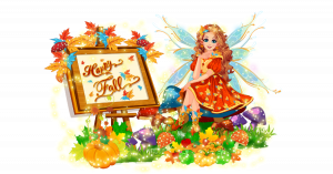 Felicia the Book Club Fairy smiling and waving in a cozy autumn fairy garden, surrounded by falling leaves, pumpkins, and twinkling lanterns.