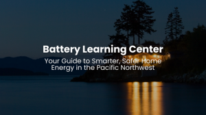 Shoreline house at twilight in the Pacific Northwest, conveying resilient home backup power (Battery Learning Center).