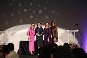 Alice Rodriguez, 2025 Latina Living Legend receives award from event Co-Chairs and DFW Hispanic 100 President