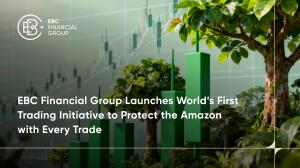 Gráficos de velas verdes 3D surgem entre as árvores da floresta com gráficos financeiros no céu, simbolizando a campanha LATAM do EBC Financial Group que conecta o trading à proteção da floresta amazônica. - EBC
