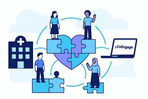 An illustration of diverse people standing on puzzle pieces forming a heart, connecting a hospital building and a laptop with the pRxEngage logo. The design represents collaboration between patients, hospitals, and digital platforms to increase clinical r